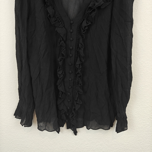 FRAME Silk Sheer Ruffle Long Sleeve V Neck Button Up Peasant Blouse Size XS - Picture 2 of 12